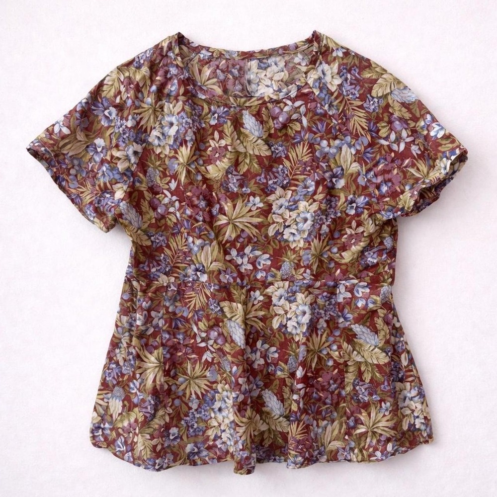 Vtg Tropical Floral Peplum Top Burgundy Blouse Whimsical Cottagecore Prairie S